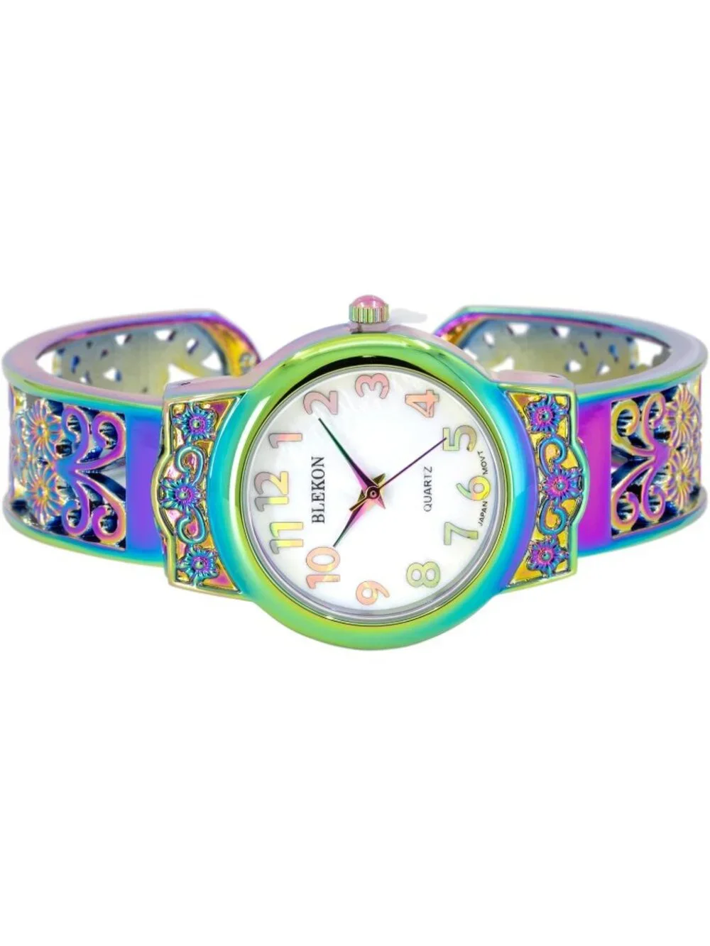 Women's Iridescent Japanese Quart 28mm Case Elegantly Designed Cuff Bangle Watch
